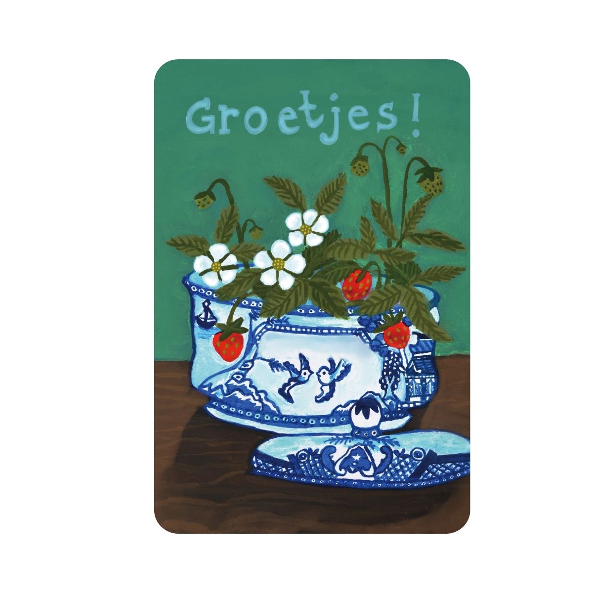 Delfts Blauwe Kaart | 'Groetjes' Eco Bloemen Kaartje | Zomerse Aardbeien Postkaart✔