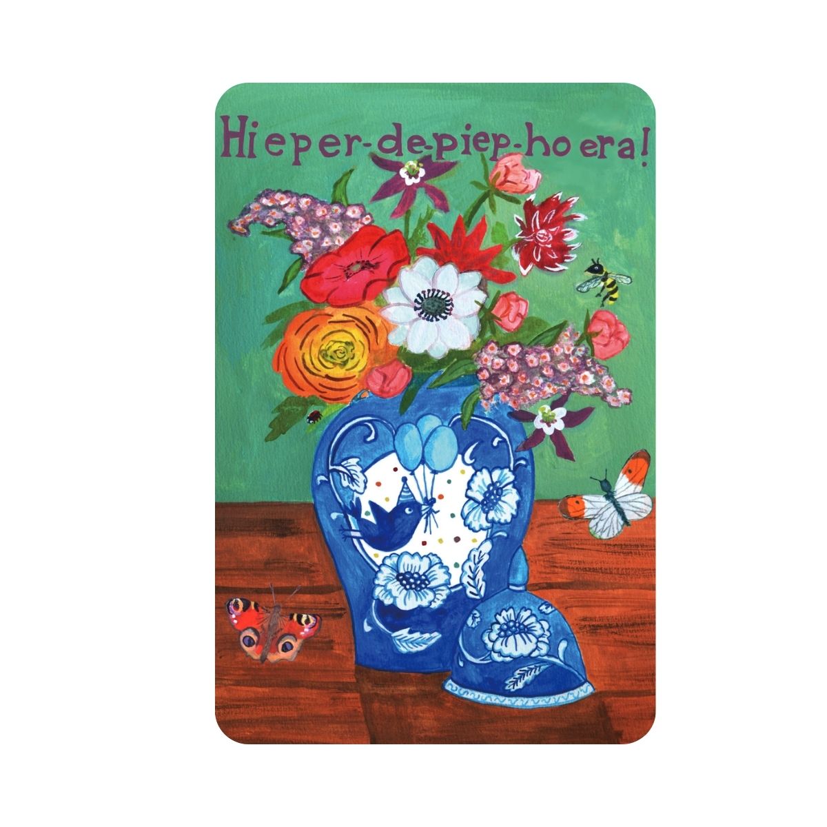 Duurzame Kleurrijke Felicitatie Kaart Hieper-de-Piep-Hoera | Happy Bird-day Kaartje | Verjaardagskaart met Bloemen en Insecten| ✔