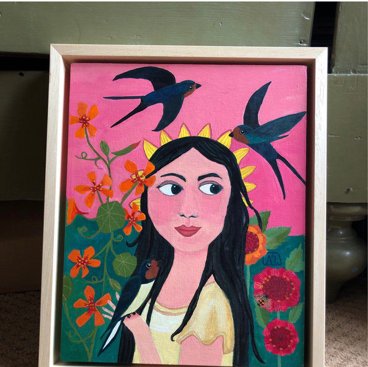Schilderij vrouw gezicht met bloemen | Handgeschilderde kunst schilderij vrouw roze