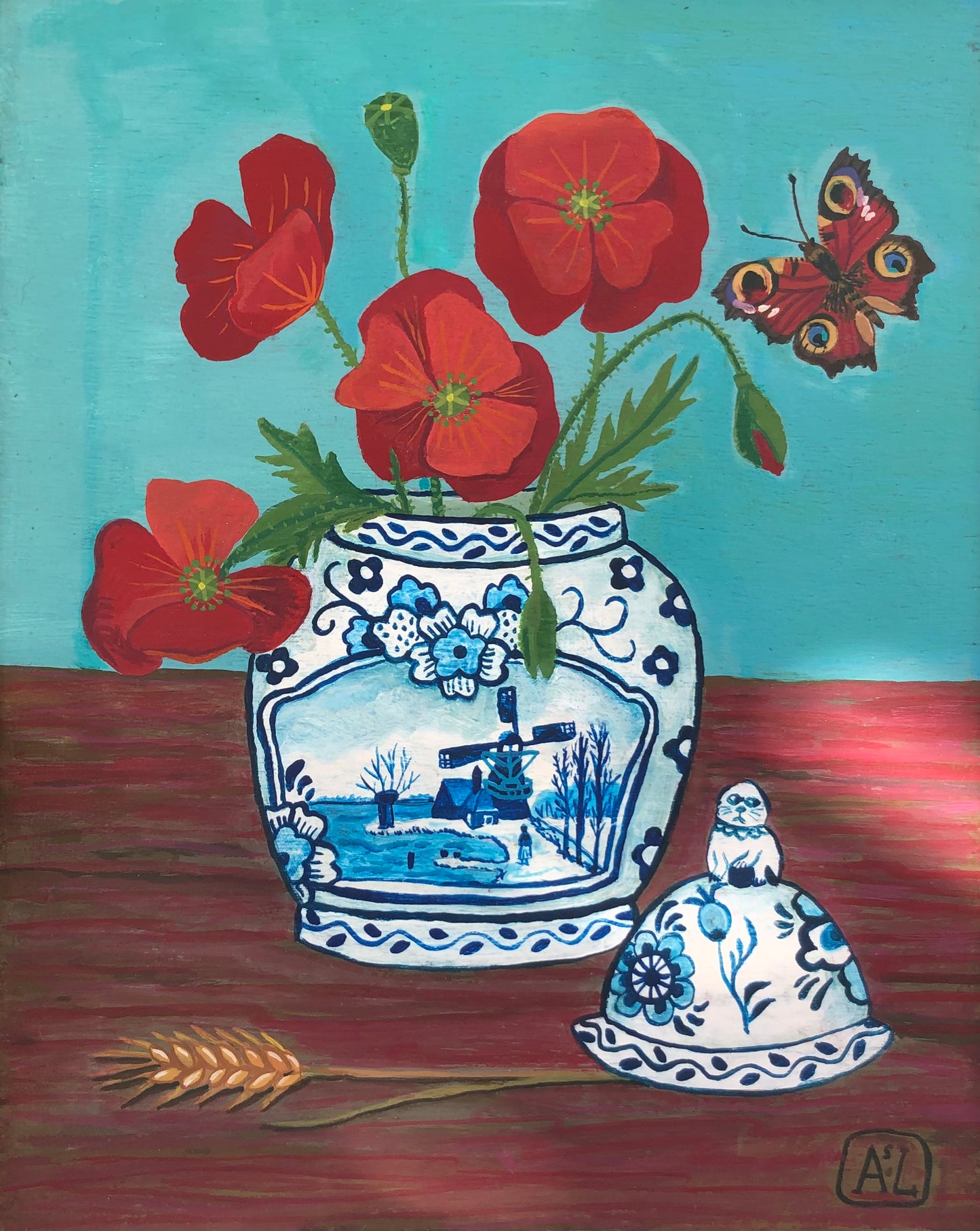 Schilderij Klaproos Stilleven met dagpauwoog | Handgeschilderde Delfts Blauwe kunst