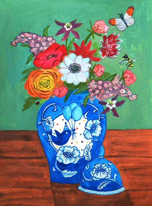 Handgemaakt Schilderij kleurrijke bloemen | Delfts Blauw Stilleven met bloemen uit de tuin