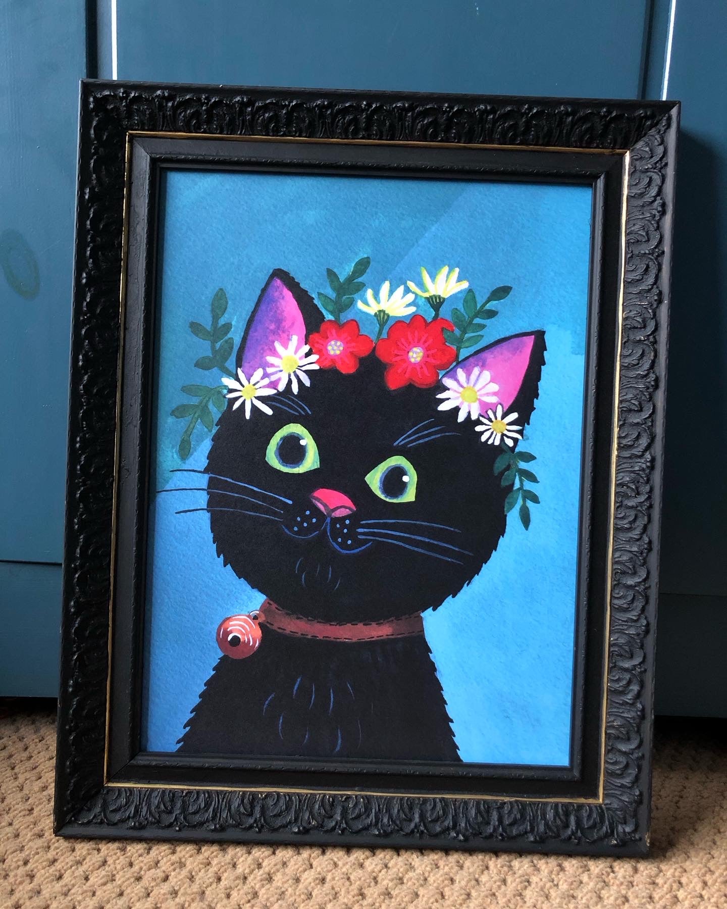Poster Zwarte kat met bloemen Kroon | schattige Frida Kahlo kat