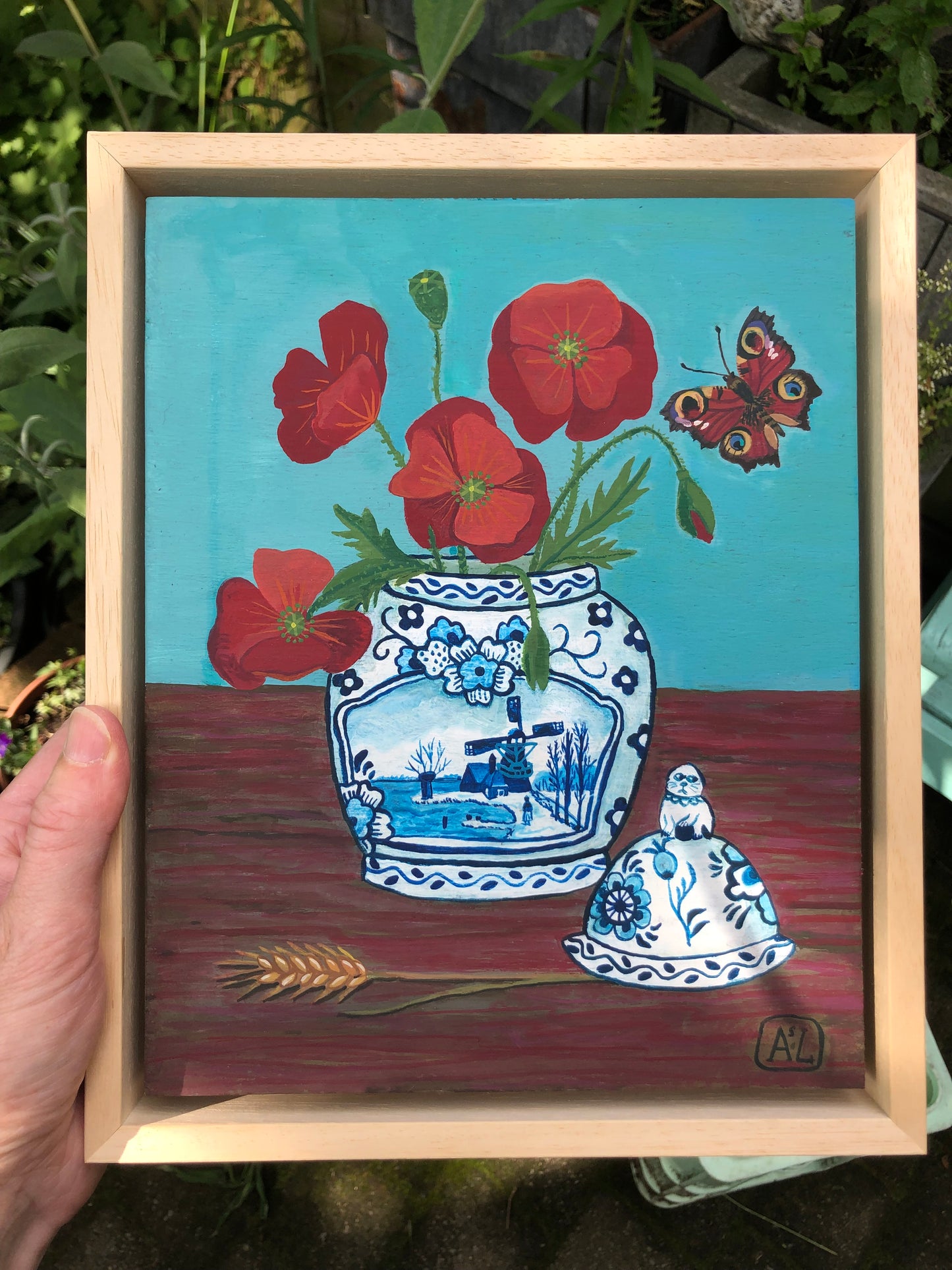Schilderij Klaproos Stilleven met dagpauwoog | Handgeschilderde Delfts Blauwe kunst