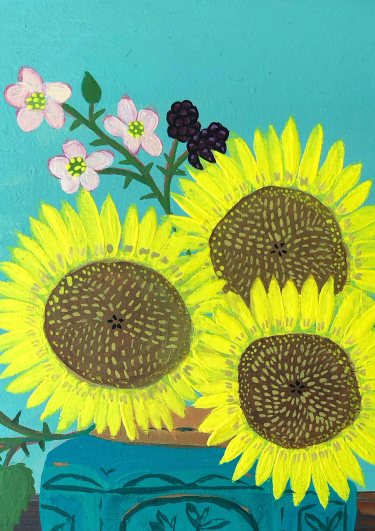 Handgeschilderd Schilderij met zonnebloemen, bramen en spreeuw | (SUN)flowers & (STAR)ling