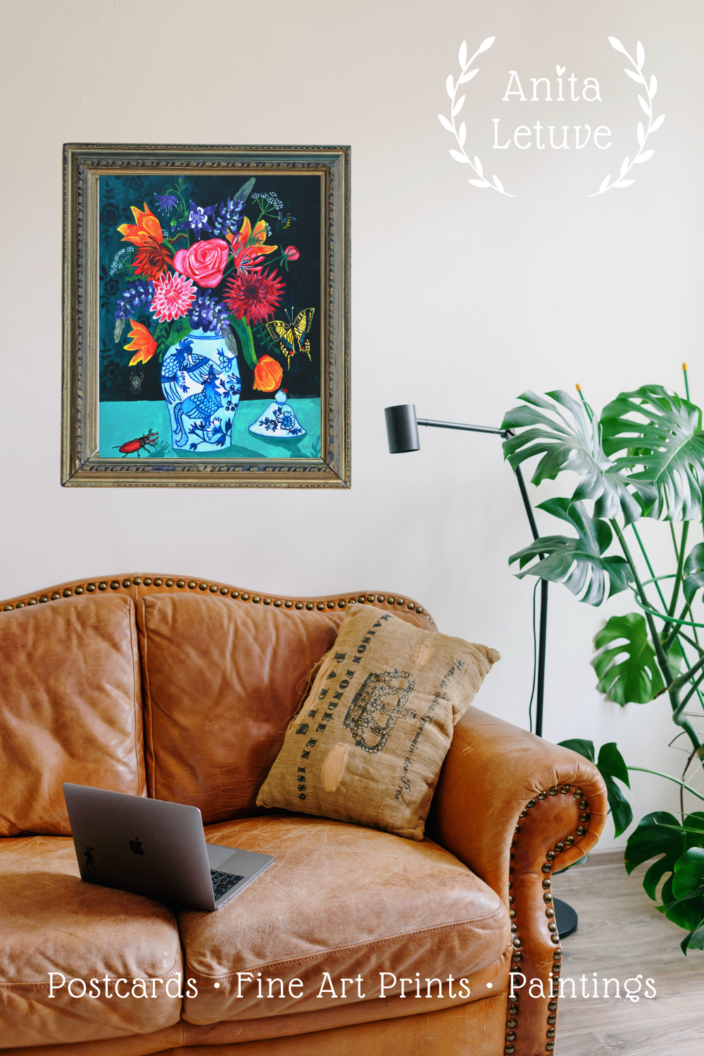 Kleurrijke Bloemen Poster met Delfts Blauw en Vlinders en Insecten| Art Print Oude meesters met een knipoog