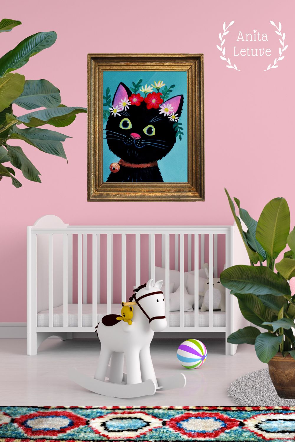 Poster Zwarte kat met bloemen Kroon | schattige Frida Kahlo kat