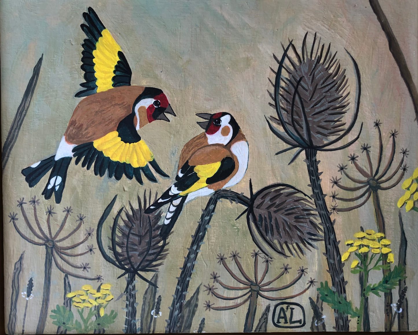Schilderij puttertjes | Handgeschilderde Kunst Kaardebol met Putters vogels in aardetinten