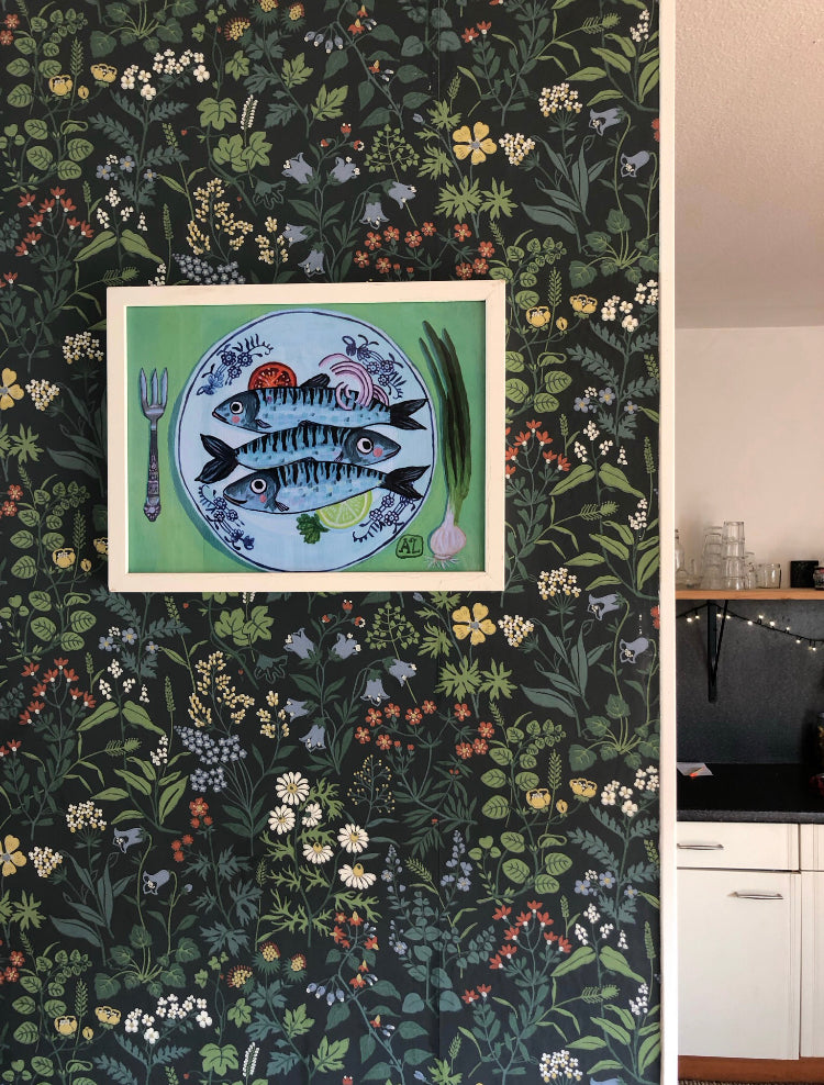 Vissen Poster | Stilleven met Vissen op Delfts Blauw Keuken Bord "Vrijdag Visdag" (Art Print)
