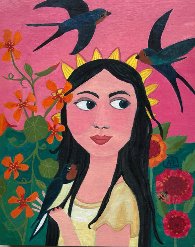 Schilderij vrouw gezicht met bloemen | Handgeschilderde kunst schilderij vrouw roze