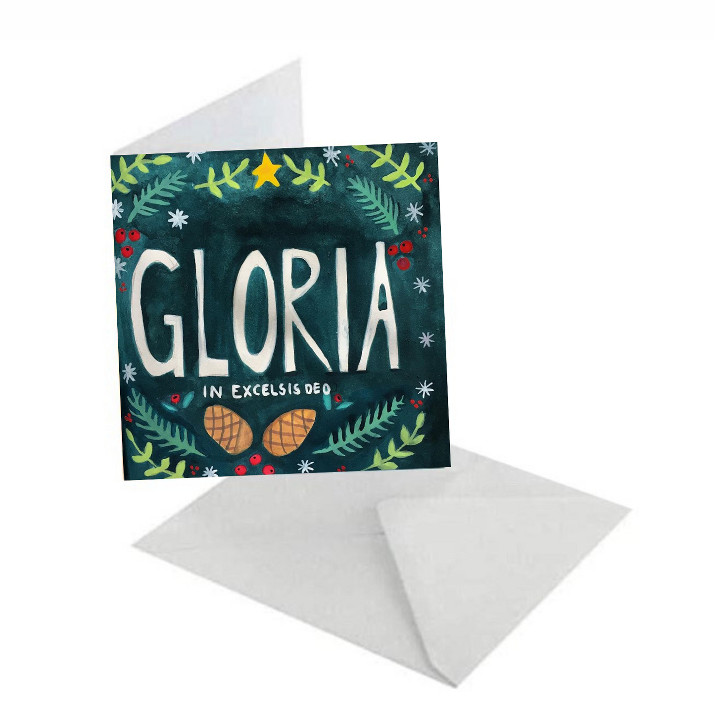 Christelijke kerstkaart met witte envelop en bijbeltekst en tekst gloria in excelsis deo.