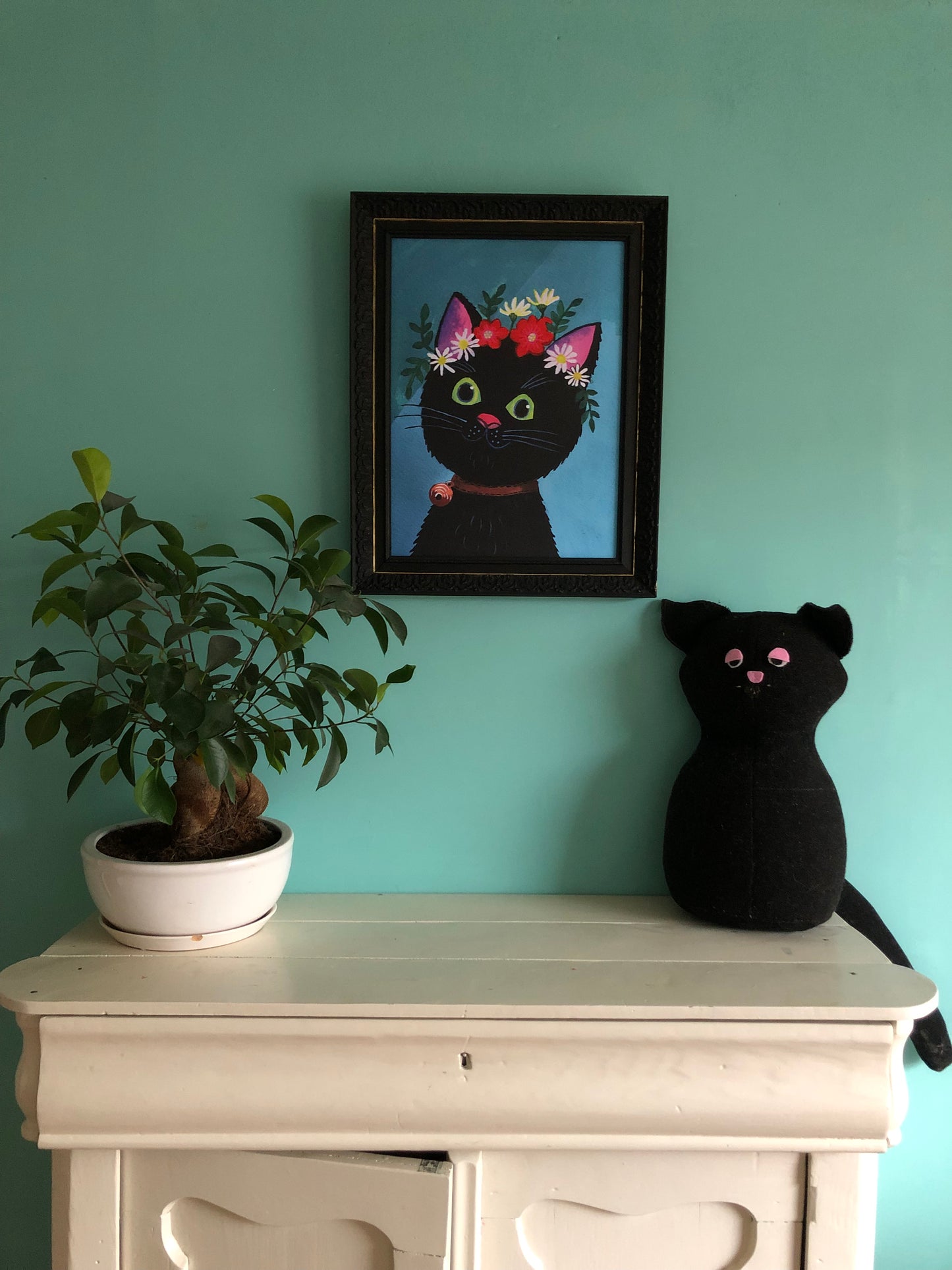 Poster Zwarte kat met bloemen Kroon | schattige Frida Kahlo kat