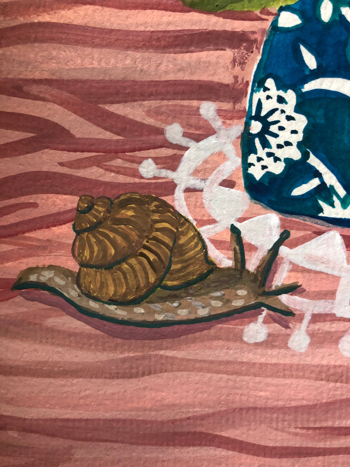 Handgeschilderd kleurrijk stilleven schilderij in uitbundige kleuren, in de stijl van oude meesters met een knipoog. Op dit bloem stilleven stat een blauw wit porseleinen calico vaas met vrolijke zinnia en roos witte tulpen. De bloemen worden omrings door insecten, vlinders, hommel, slak en rups.