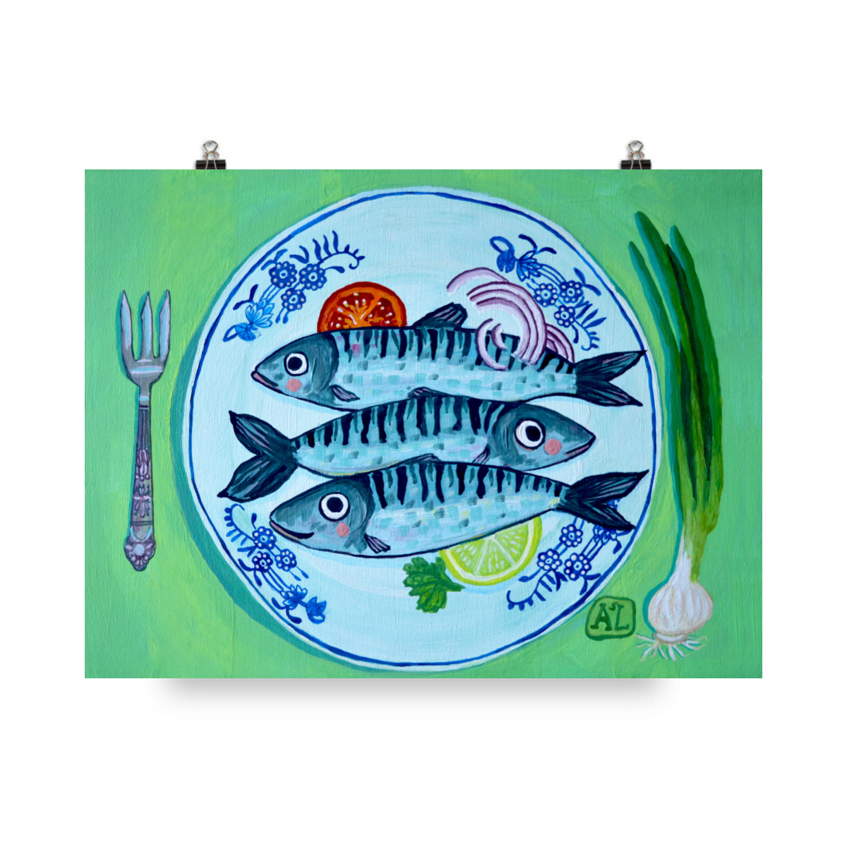 Vissen Poster | Stilleven met Vissen op Delfts Blauw Keuken Bord "Vrijdag Visdag" (Art Print)
