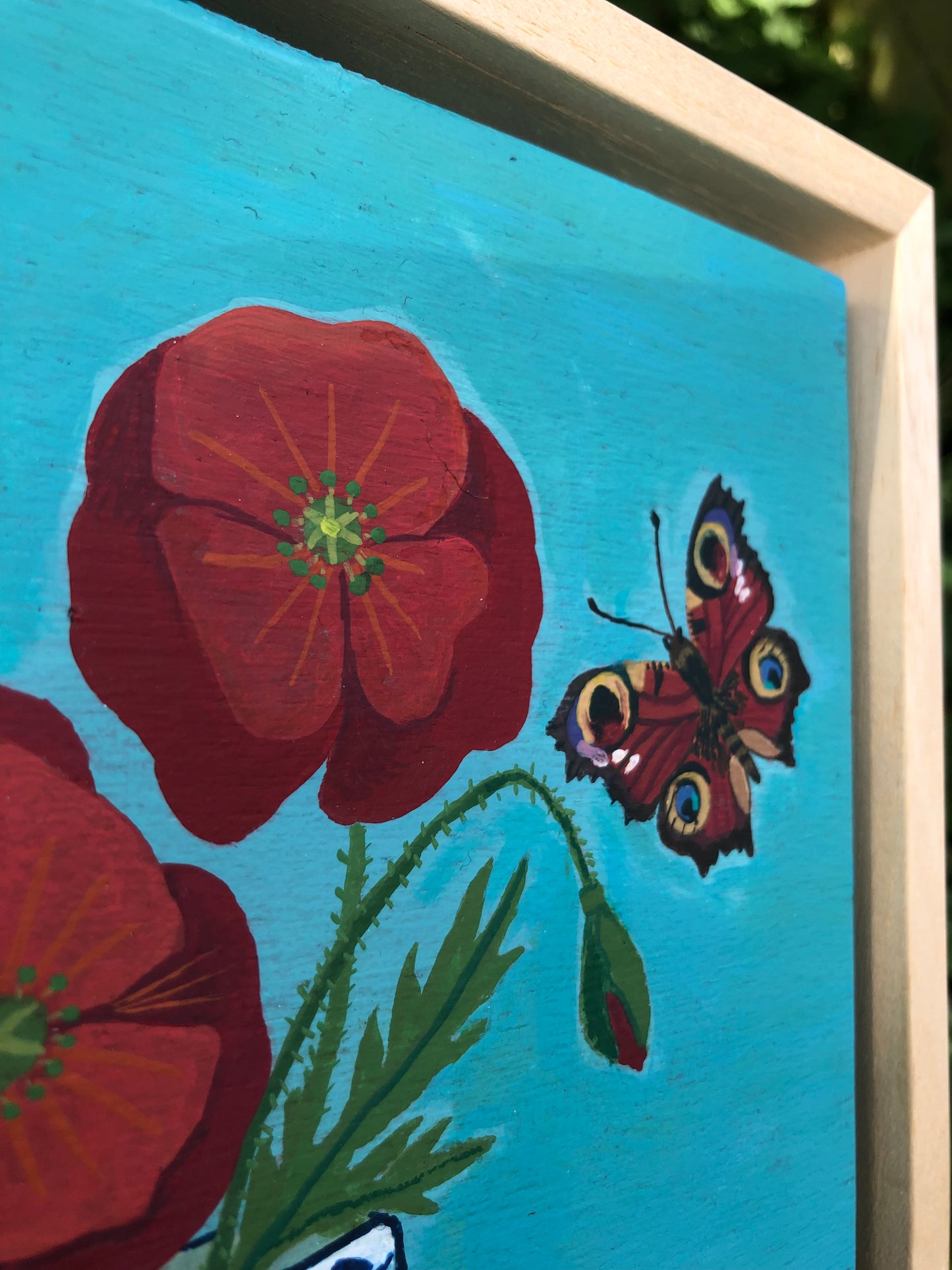 Schilderij Klaproos Stilleven met dagpauwoog | Handgeschilderde Delfts Blauwe kunst