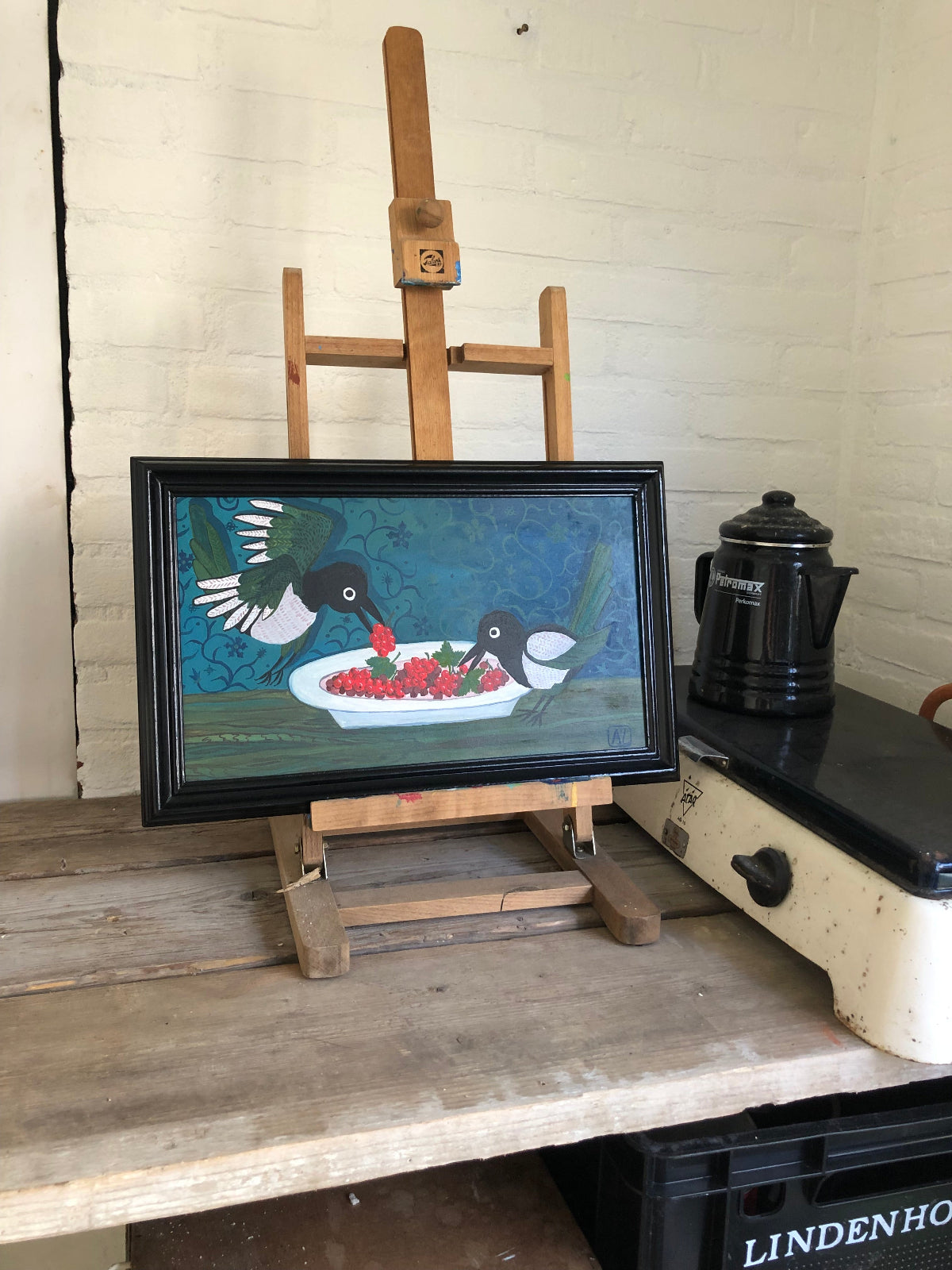 Schilderij Bessen Boefjes | Handgeschilderd Stilleven met eksters en rode bessen