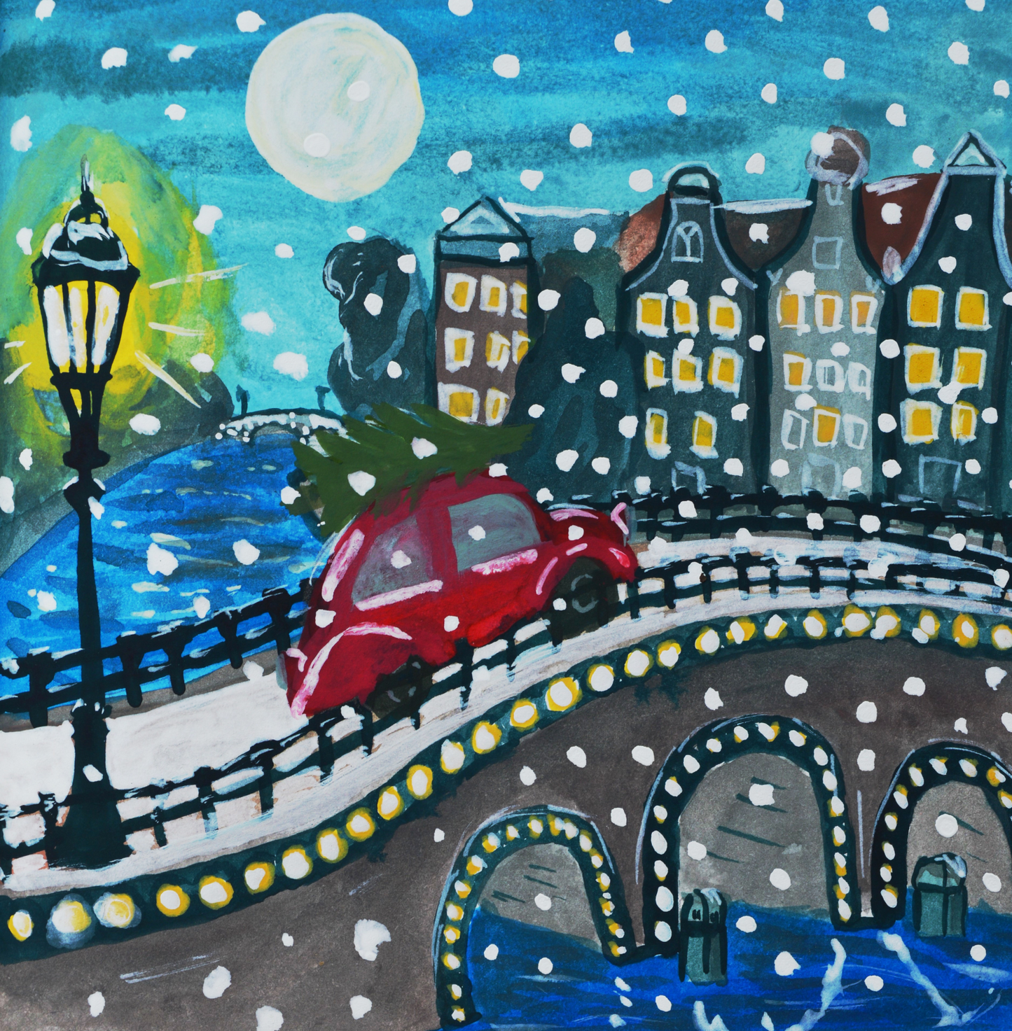 Luxe Dubbele Kerstkaart met Grachten Amsterdam (of Utrecht, Delft, Gouda, Alkmaar, Amersfoort)