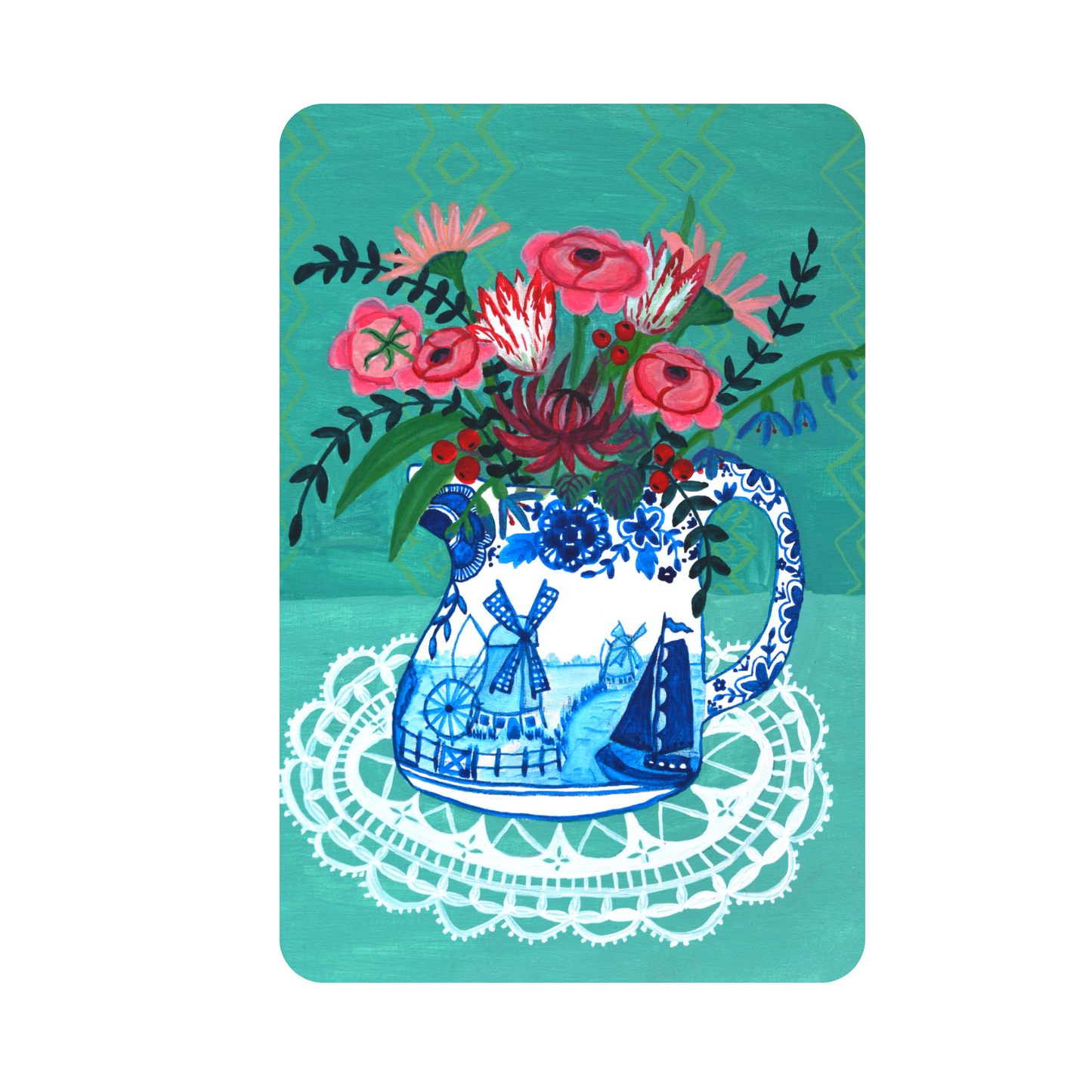 Kaart en set met Delfts Blauwe Hollandse molen. Delftsblauwe wenskaart met klassiek bloem stilleven van rood witte tulpen in een modern jasje.