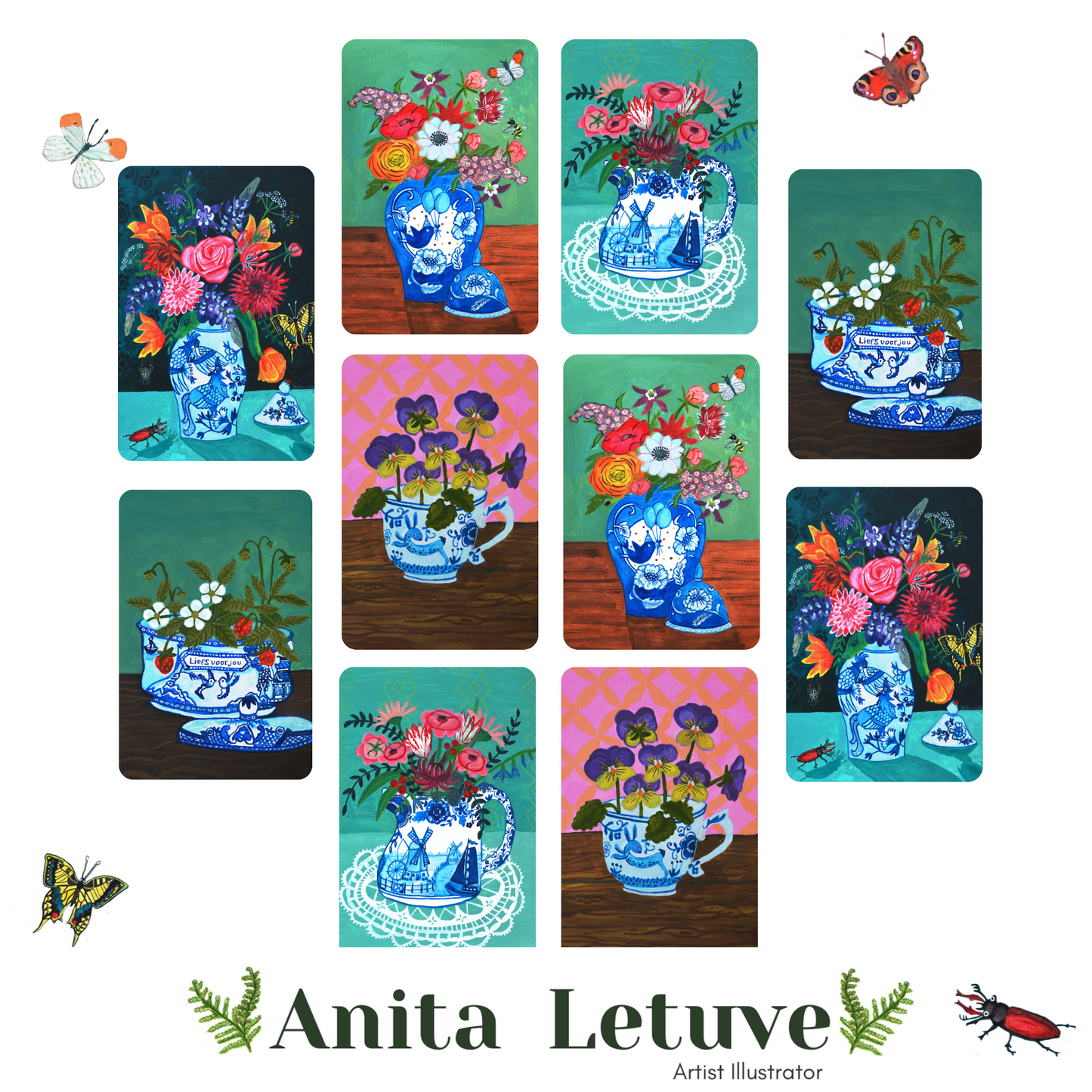 Kaart Delfts Blauw met Kletsende Paradijsvogels met Dahlia, Lupine & insecten | Duurzame Kleurrijke Bloemen Kaart ✔