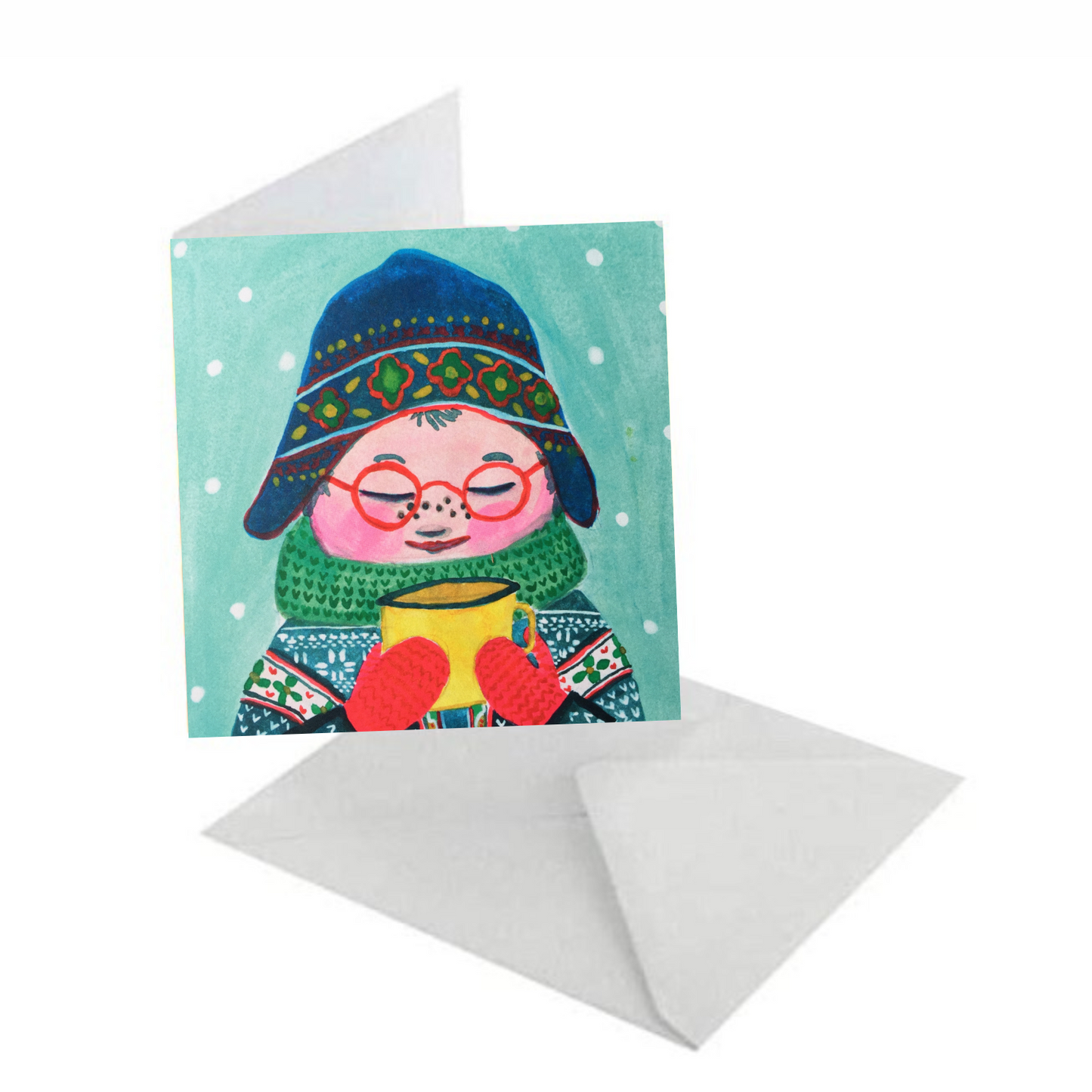 Vrolijke kleurrijke winterkaart met gebreide noorse trui, dikke sjaal en emaille beker met warme chocolade melk en rode wanten. Deze Gezellige kerstkaart is zonder tekst en komt met een witte envelop.