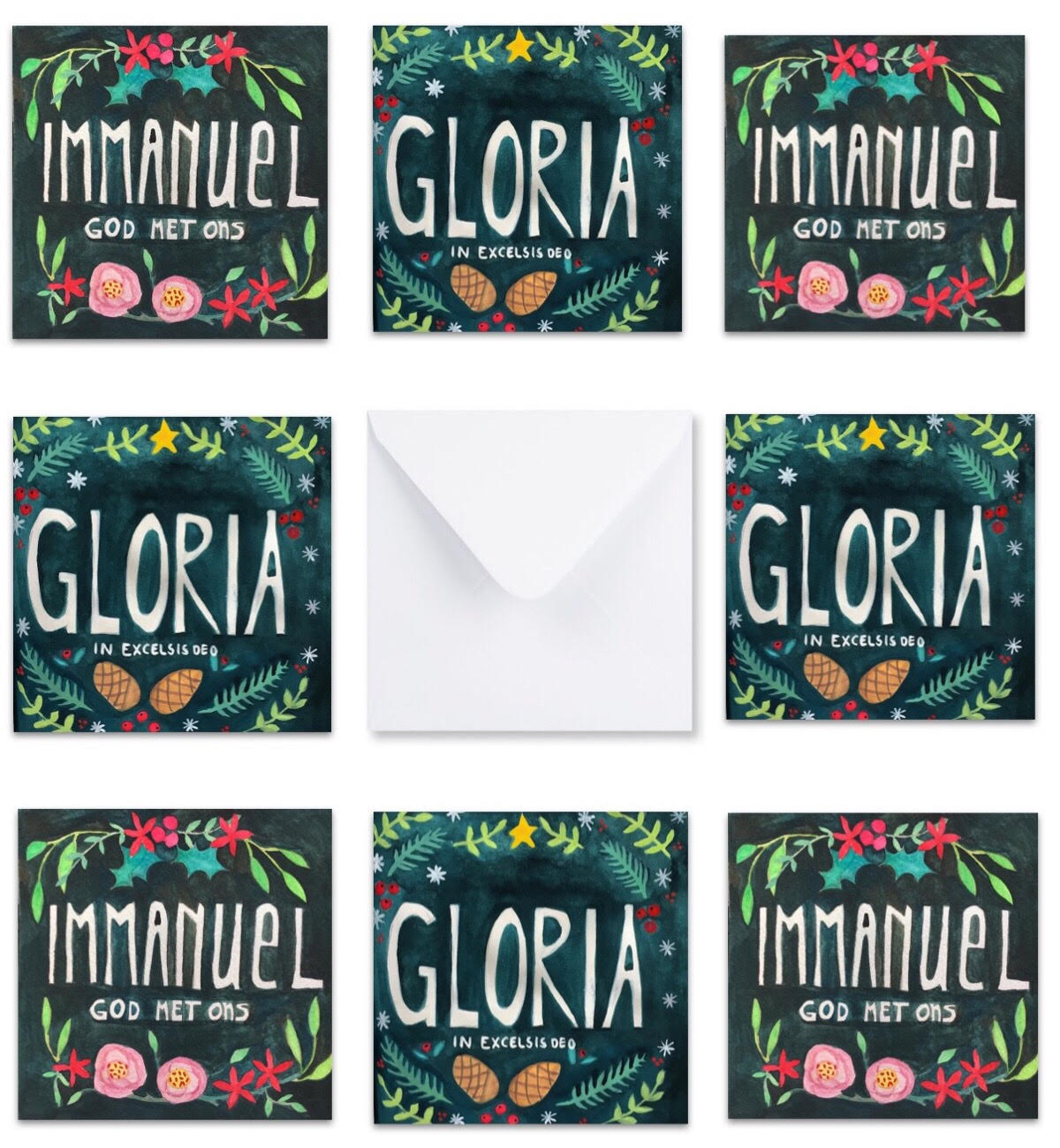 christelijke kerstkaarten tekst met bijbelse tekst, bijbelse boodschap en bijbeltekst. Gloria en immanuel God met ons.