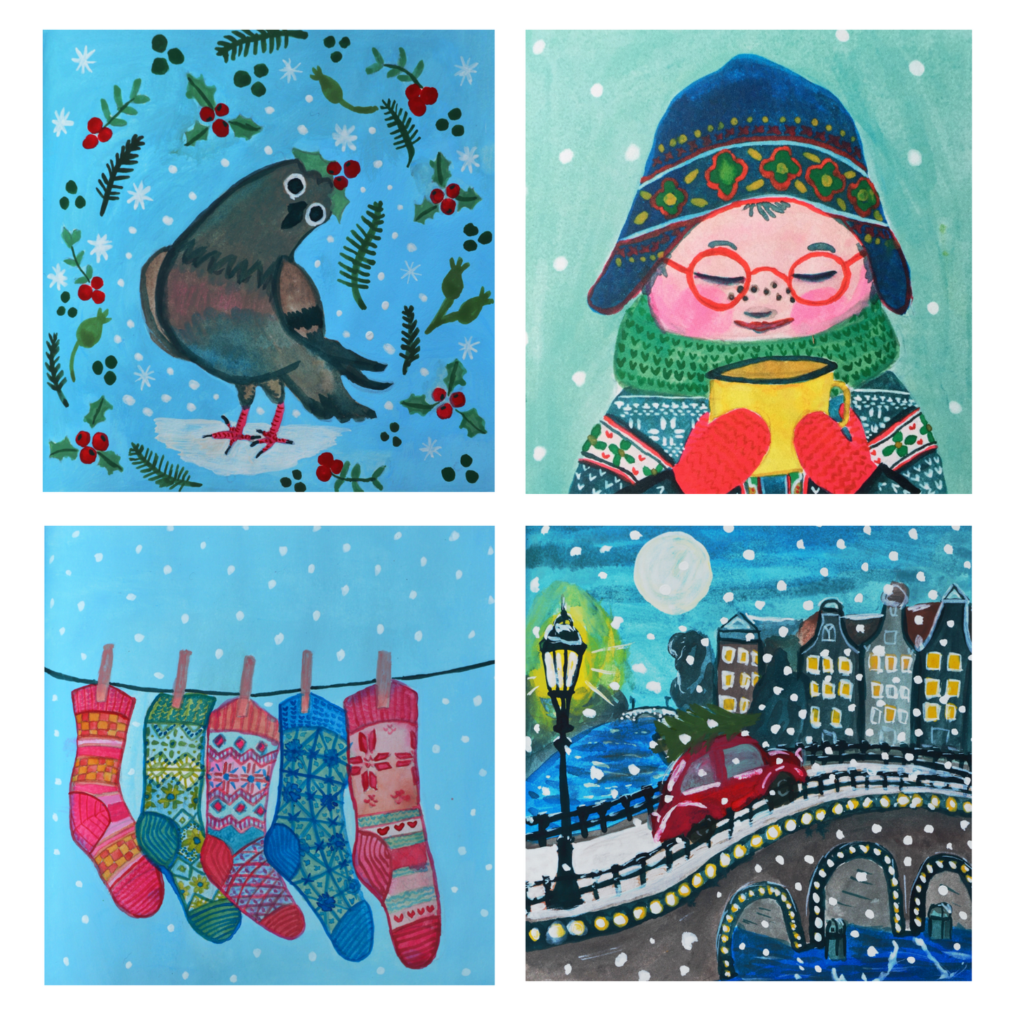 Deze hippe leuke kerstkaarten set heeft geen tekst en komt met witte envelop. Deze aparte bijzondere kerstkaarten kun je ook als vrolijke kleurrijke winterkaart gebruiken. Er staan grachten op en gebreide trui, gezellige gebreide sokken en sneeuw op.