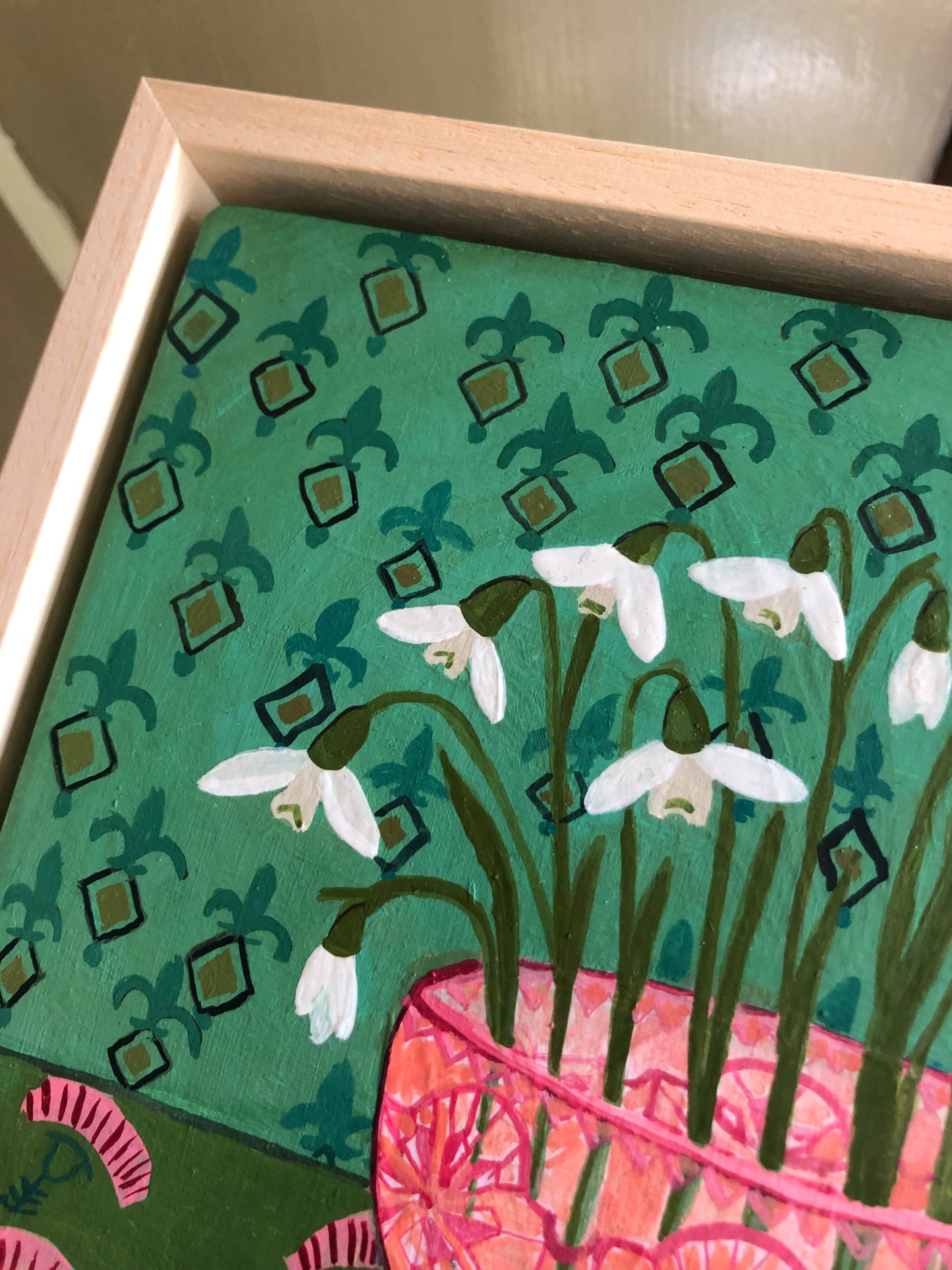 Schilderij Sneeuwklokjes Handgeschilderd |  Stilleven Roze Groen Voorjaars bloemen