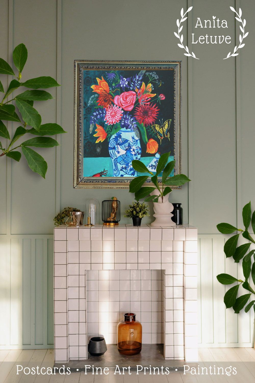 Kleurrijke Bloemen Poster met Delfts Blauw en Vlinders en Insecten| Art Print Oude meesters met een knipoog