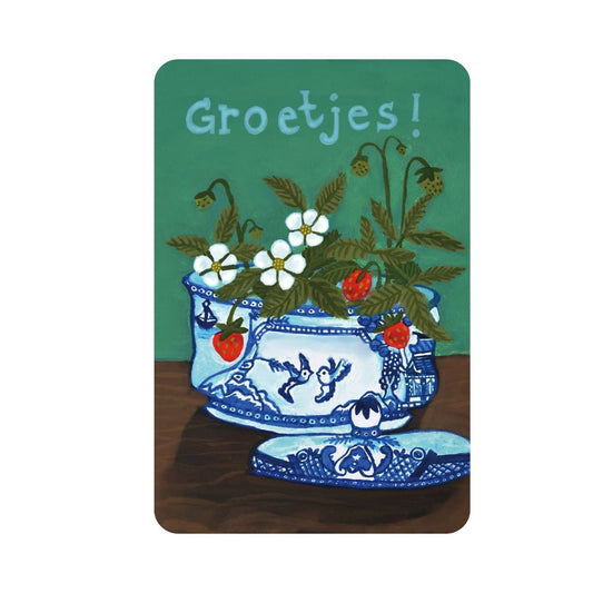 Delfts Blauwe Kaart | 'Groetjes' Eco Bloemen Kaartje | Zomerse Aardbeien Postkaart✔