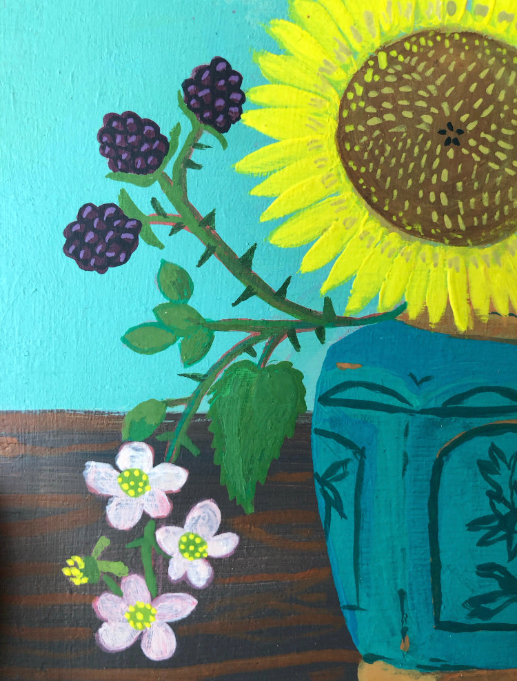 Handgeschilderd Schilderij met zonnebloemen, bramen en spreeuw | (SUN)flowers & (STAR)ling