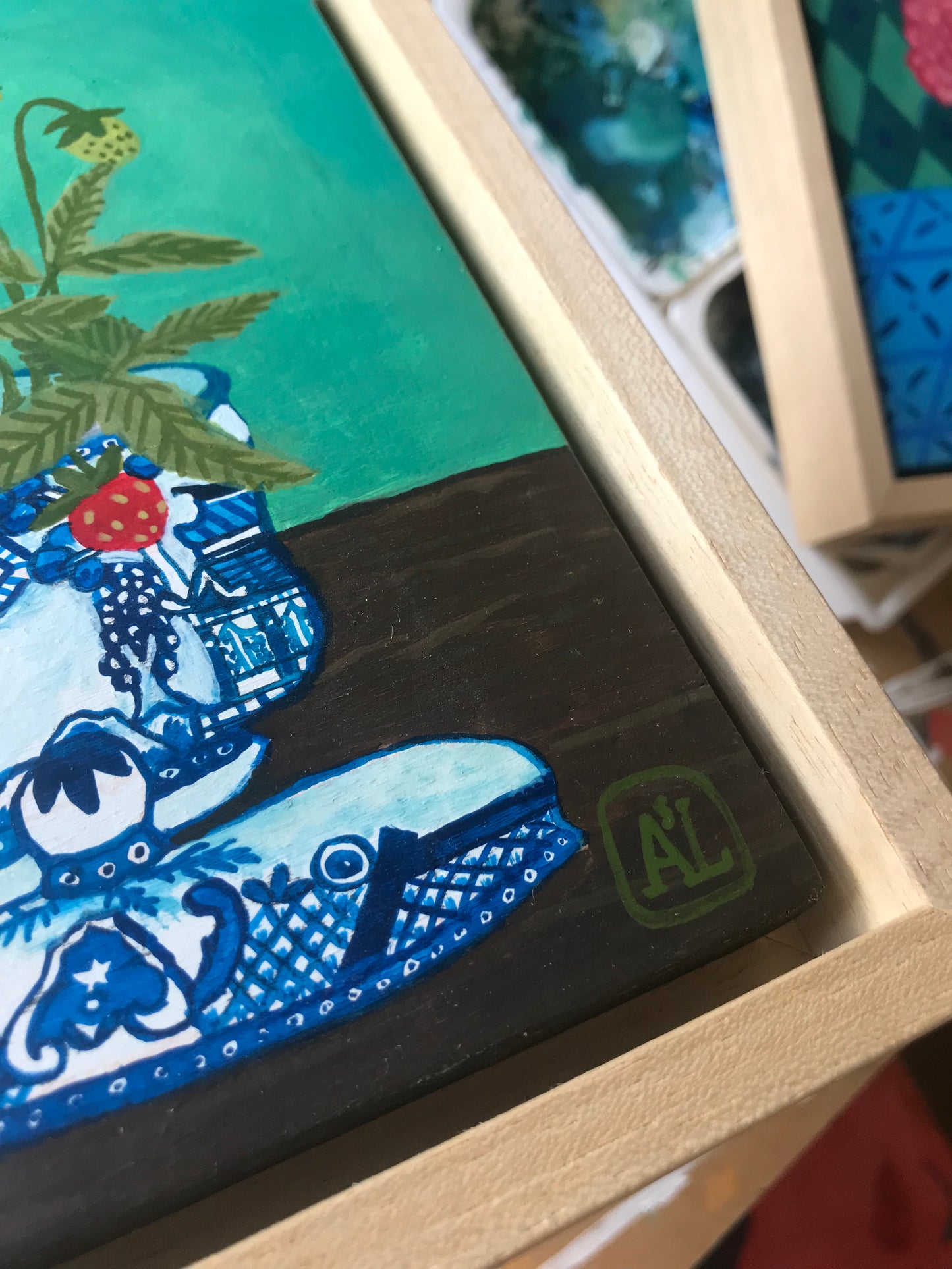 Schilderij Aardbei in Delfts Blauwe vaas | Blue Willow Botervloot (Origineel en handgeschilderd)