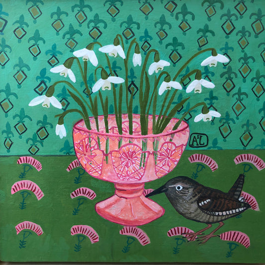 Schilderij Sneeuwklokjes Handgeschilderd |  Stilleven Roze Groen Voorjaars bloemen