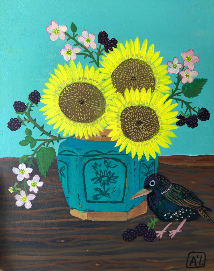 Handgeschilderd Schilderij met zonnebloemen, bramen en spreeuw | (SUN)flowers & (STAR)ling