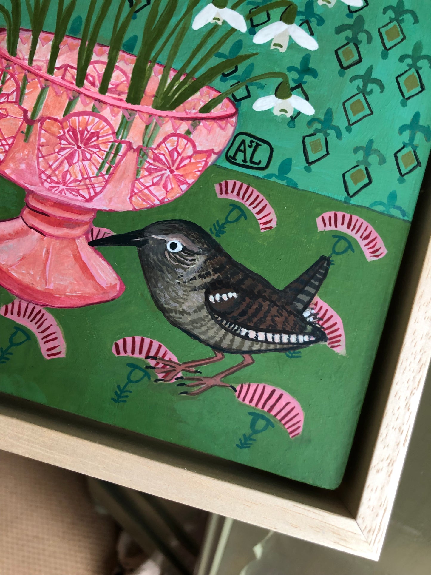 Schilderij Sneeuwklokjes Handgeschilderd |  Stilleven Roze Groen Voorjaars bloemen
