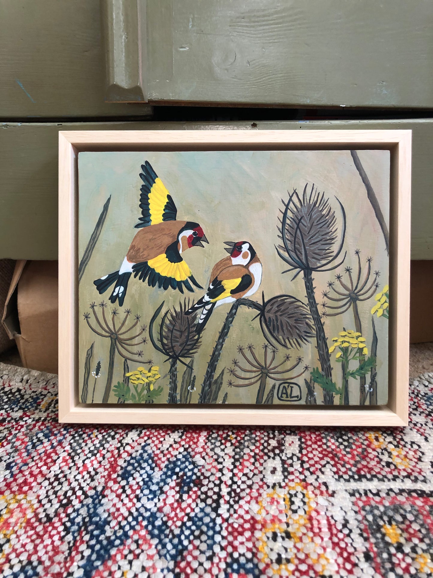 Schilderij puttertjes | Handgeschilderde Kunst Kaardebol met Putters vogels in aardetinten