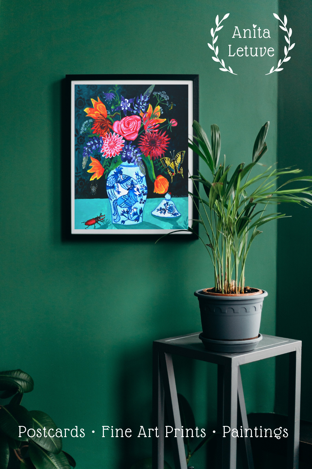 Kleurrijke Bloemen Poster met Delfts Blauw en Vlinders en Insecten| Art Print Oude meesters met een knipoog