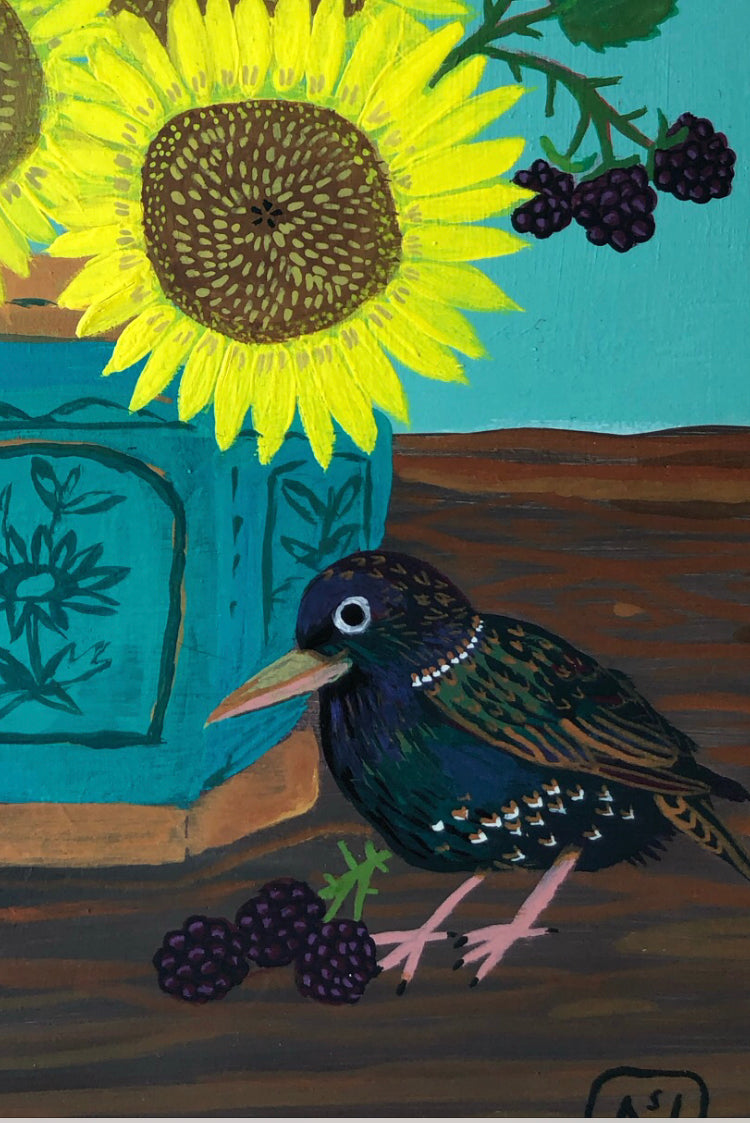 Handgeschilderd Schilderij met zonnebloemen, bramen en spreeuw | (SUN)flowers & (STAR)ling