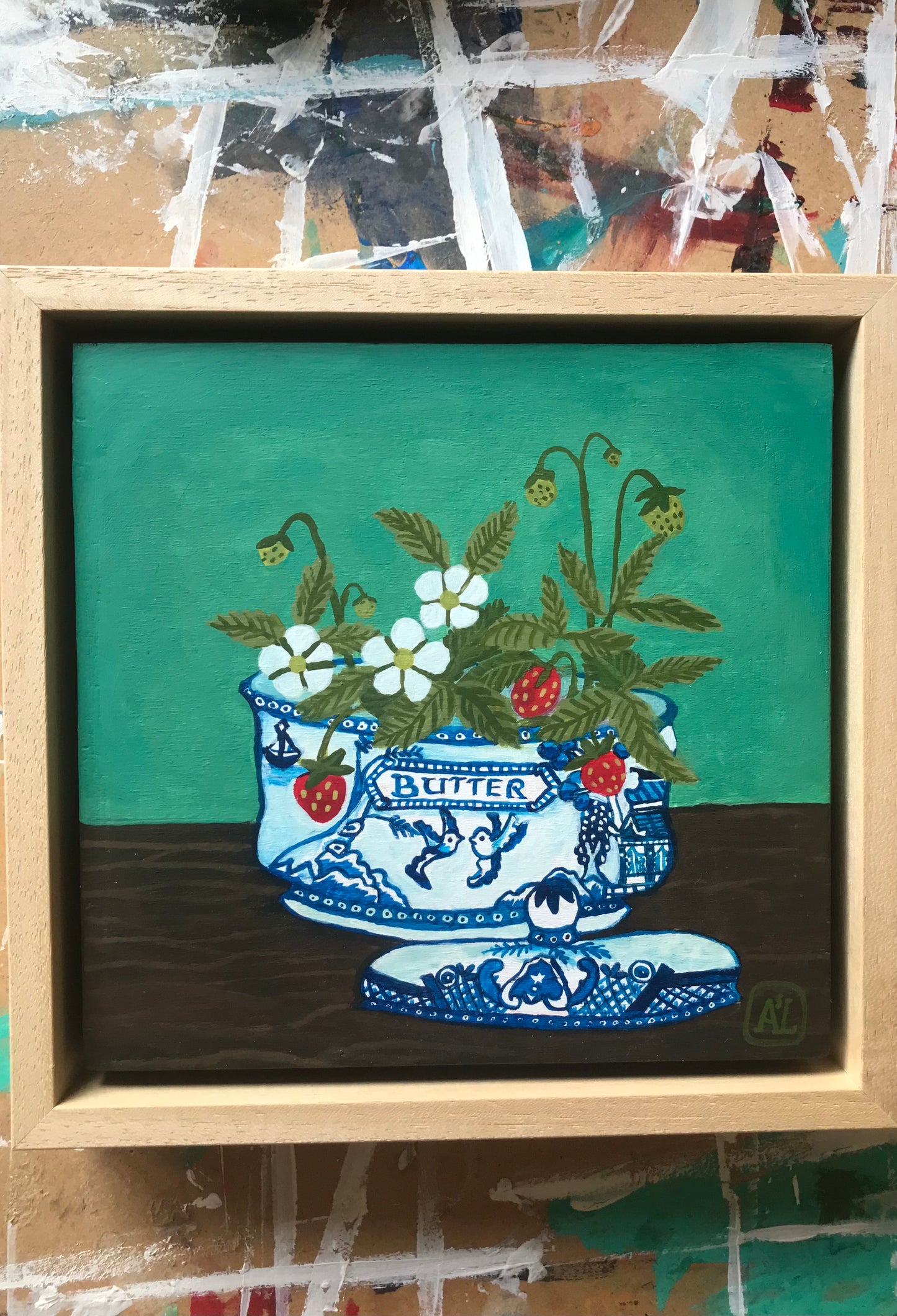 Schilderij Aardbei in Delfts Blauwe vaas | Blue Willow Botervloot (Origineel en handgeschilderd)