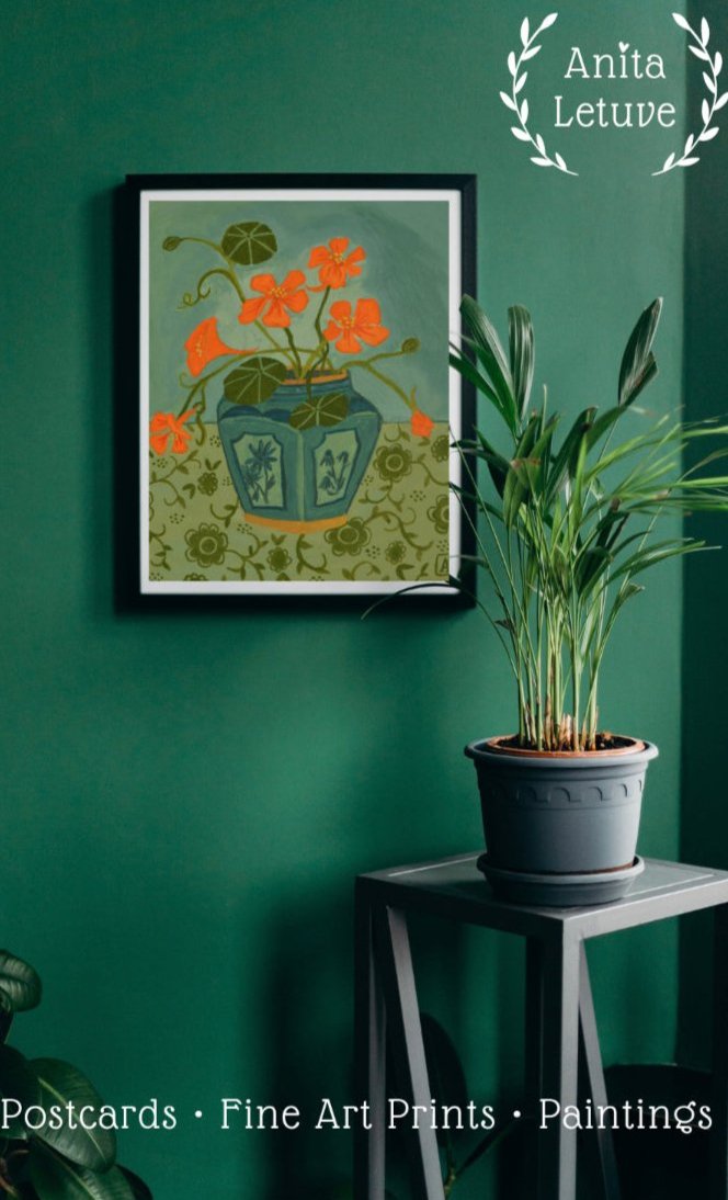 Poster Oost Indische Kers In Groene gemberpot (30x40 cm) | Art Print kleurrijk bloem stilleven