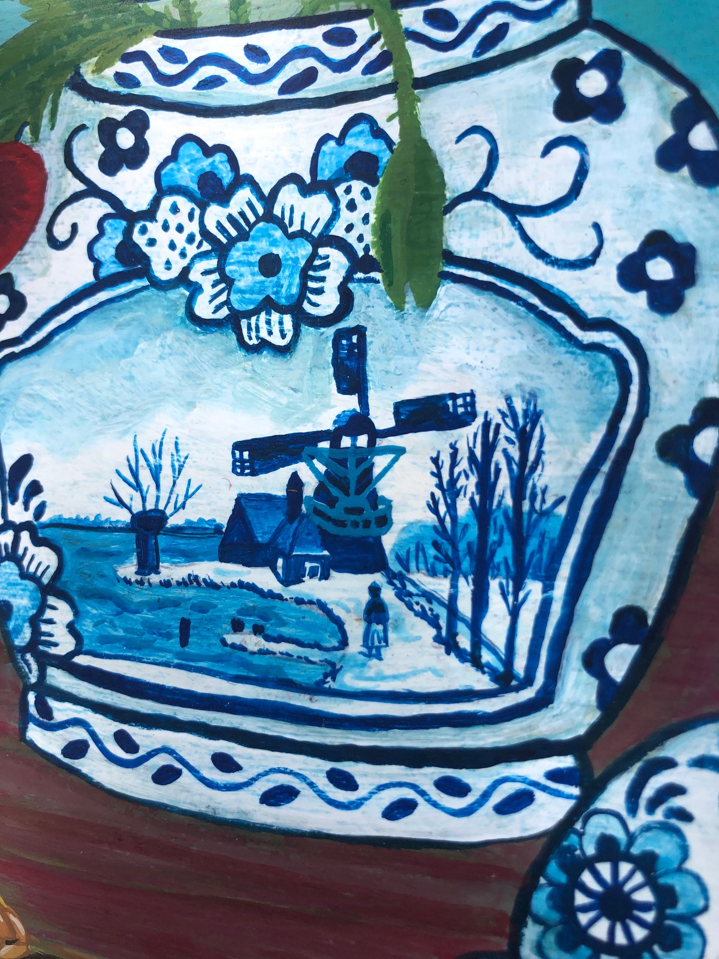 Schilderij Klaproos Stilleven met dagpauwoog | Handgeschilderde Delfts Blauwe kunst