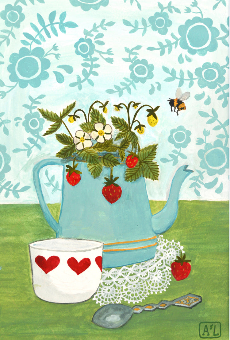 Schilderij Aardbei | Handgeschilderd Stilleven met Aardbeienplant in licht blauwe theepot