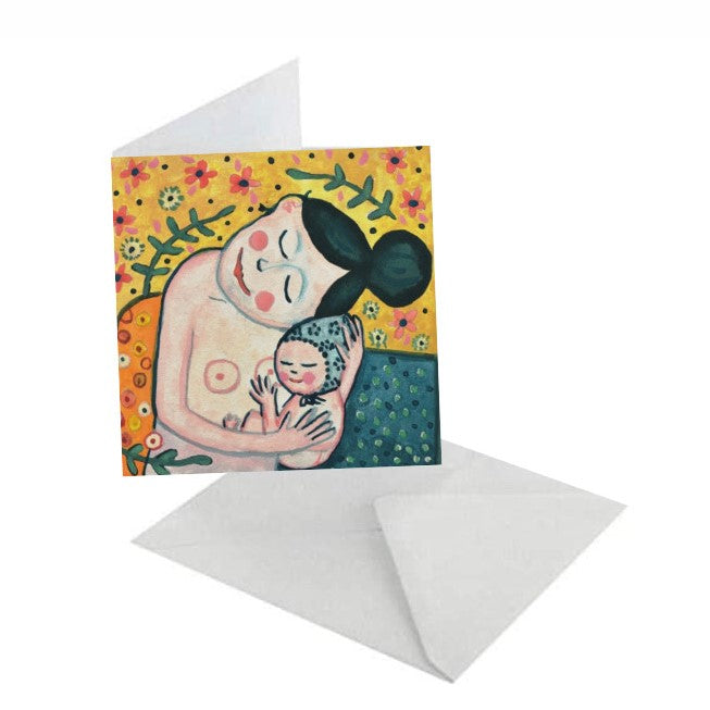 Vrolijke Bedankkaart Verloskundige of kraamzorg of unisex felicitatiekaart geboorte. Wenskaart met envelop Gustav Klimt Moeder en kind.