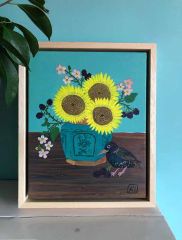 Handgeschilderd Schilderij met zonnebloemen, bramen en spreeuw | (SUN)flowers & (STAR)ling