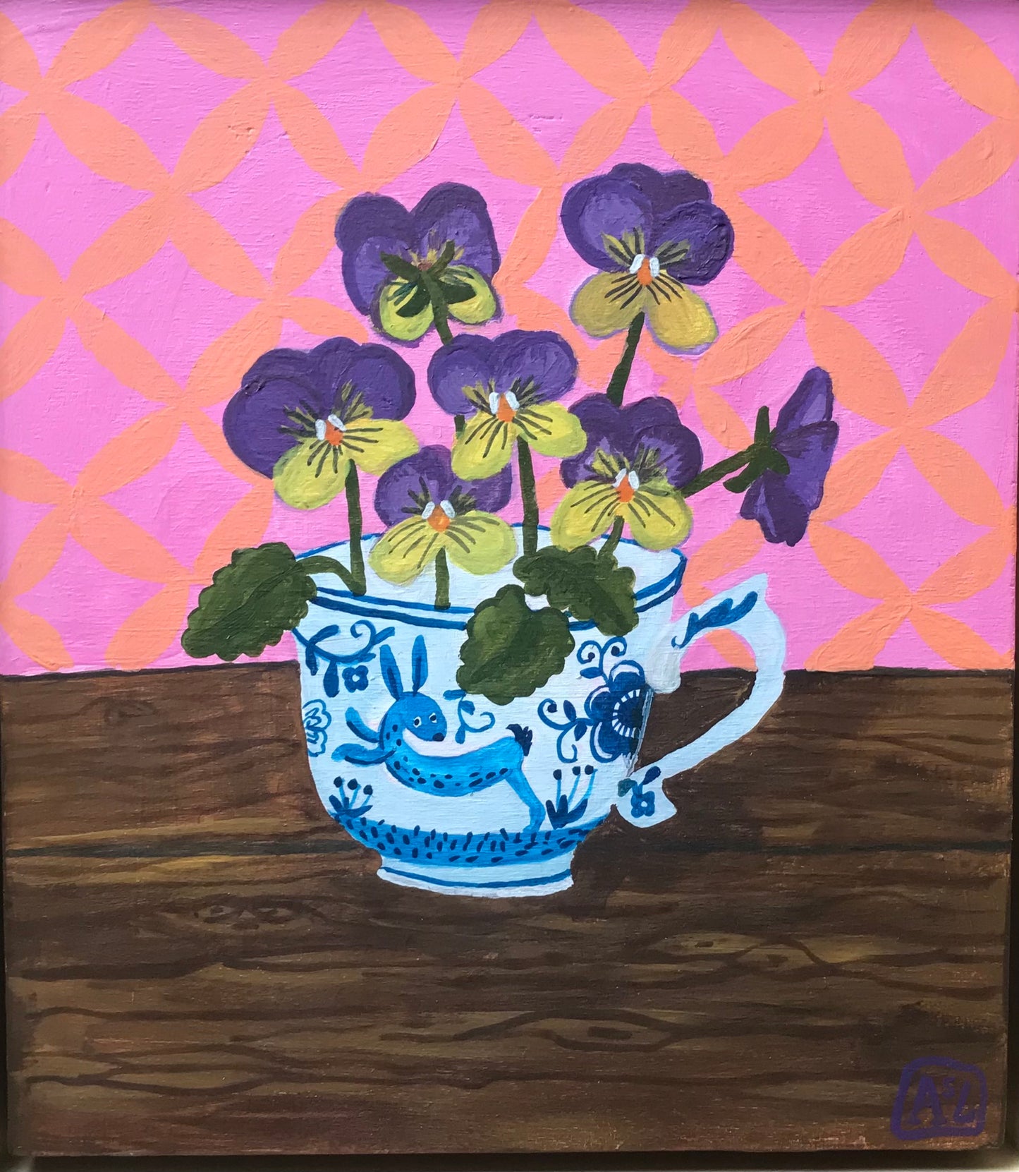 Schilderij Viooltjes in Delfts Blauwe Theekopje met Haasje | Handgeschilderde Roze Stilleven kunst