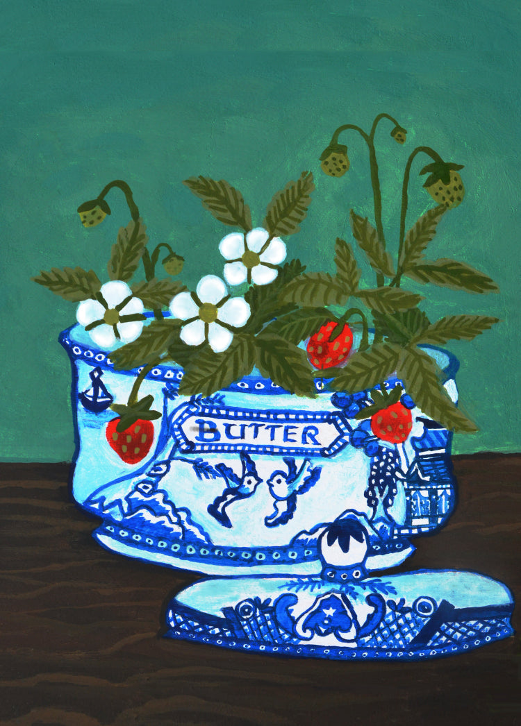 Schilderij Aardbei in Delfts Blauwe vaas | Blue Willow Botervloot (Origineel en handgeschilderd)