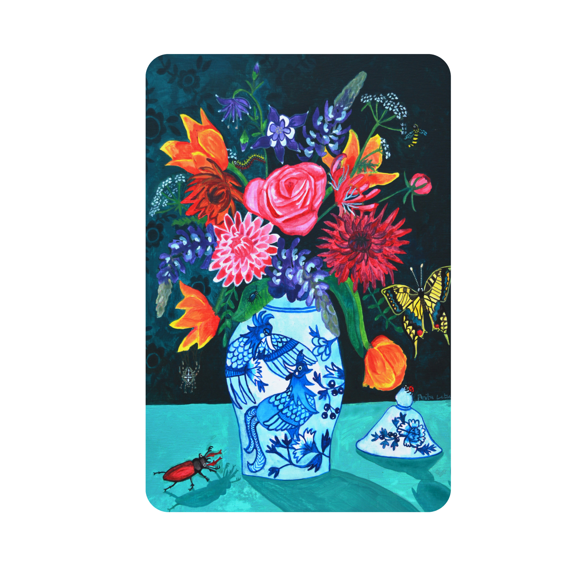 Delftsblauwe kaart met kleurrijk bloem stilleven van oude meesters in een nieuw jasje. Dahlia met lupine en rozen met vlinder en insecten. Delfts blauwe kaarten set.