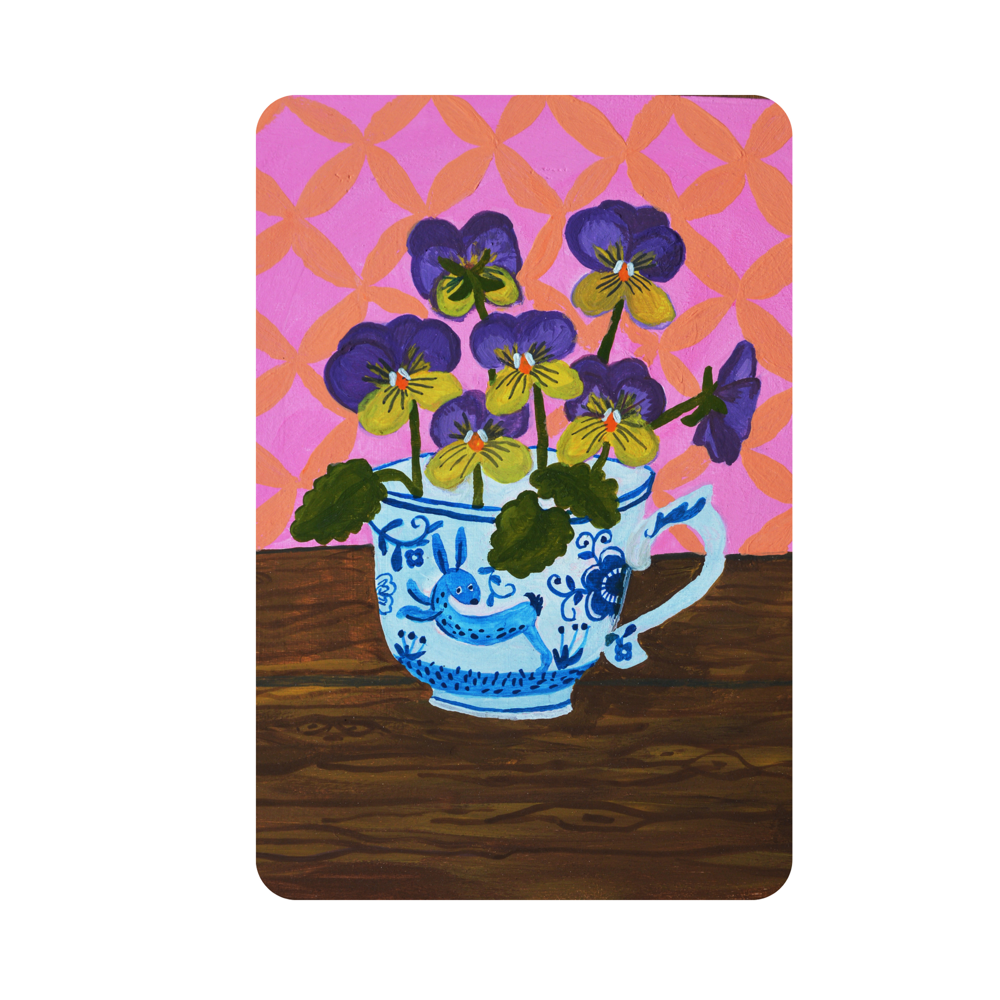 Delfts blauwe kaarten set met delfts blauw theekopje met haasje en viooltjes. Hippe vrolijke delfts blauwe wenskaart.