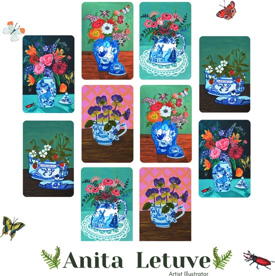 Delfts blauwe kaarten set met hippe Delftsblauwe ansichtkaarten zonder kaartenmapje. Deze Delfts blauwe wenskaarten zonder tekst zijn kleurrijk en vrolijk door de uitbundige bloemen met insecten en vlinders uit de tuin.