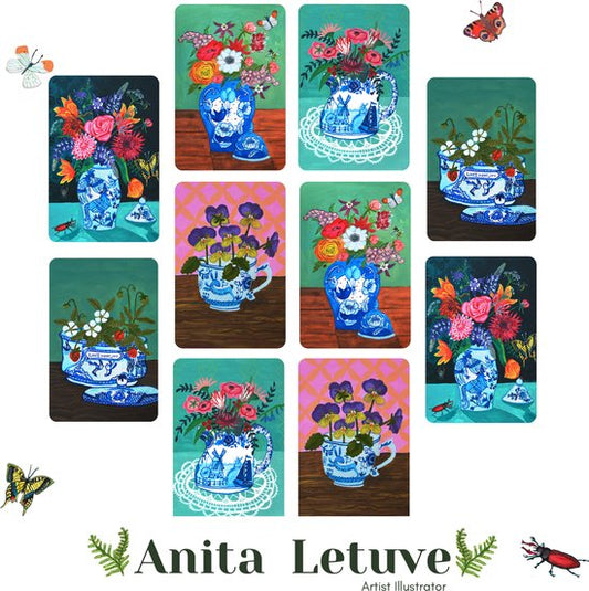 Delfts blauwe kaarten set met hippe Delftsblauwe ansichtkaarten zonder kaartenmapje. Deze Delfts blauwe wenskaarten zonder tekst zijn kleurrijk en vrolijk door de uitbundige bloemen met insecten en vlinders uit de tuin.