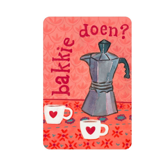 Duurzame vrolijke koffie kaart met koffiepot, koffiekopjes en perculator Op dit kleurrijke hippe a6 kaartje staat de tekst Bakkie doen en is geschikt als kaart om op te sturen naar een vriend en vriendin die je al een poosje niet hebt gezien of als uitnodiging om af te spreken. Deze a6 kaart heeft een retro vintage vibe .