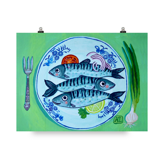 Vissen Poster | Stilleven met Vissen op Delfts Blauw Keuken Bord "Vrijdag Visdag" (Art Print)